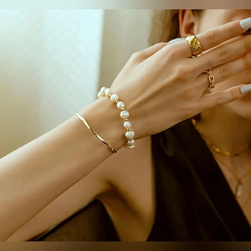 NWT Pearl Bracelet Chain Link Baroque Culture Bossimi 14K Gold Filled Adjustable